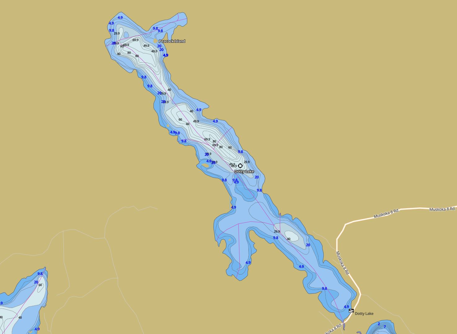 Contour Map of Dotty Lake in Municipality of Lake of Bays and the District of Muskoka